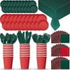 Disposable Paper Dinnerware for 24 - Red & Green (Holiday Style 2) - 2 Size plates, Cups, 2 Different Color Napkins, Cutlery (Spoons, Forks, Knives), and tablecovers - Full Party Supply Set