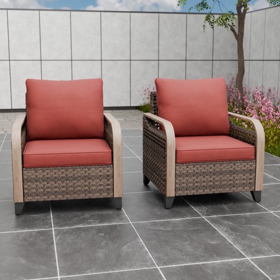 INTER HUT Modern Wicker Patio Chairs, Outdoor Chairs with Steamlined Armrest, Rattan Chair Patio Furniture, 2 Chairs, Brown/Red