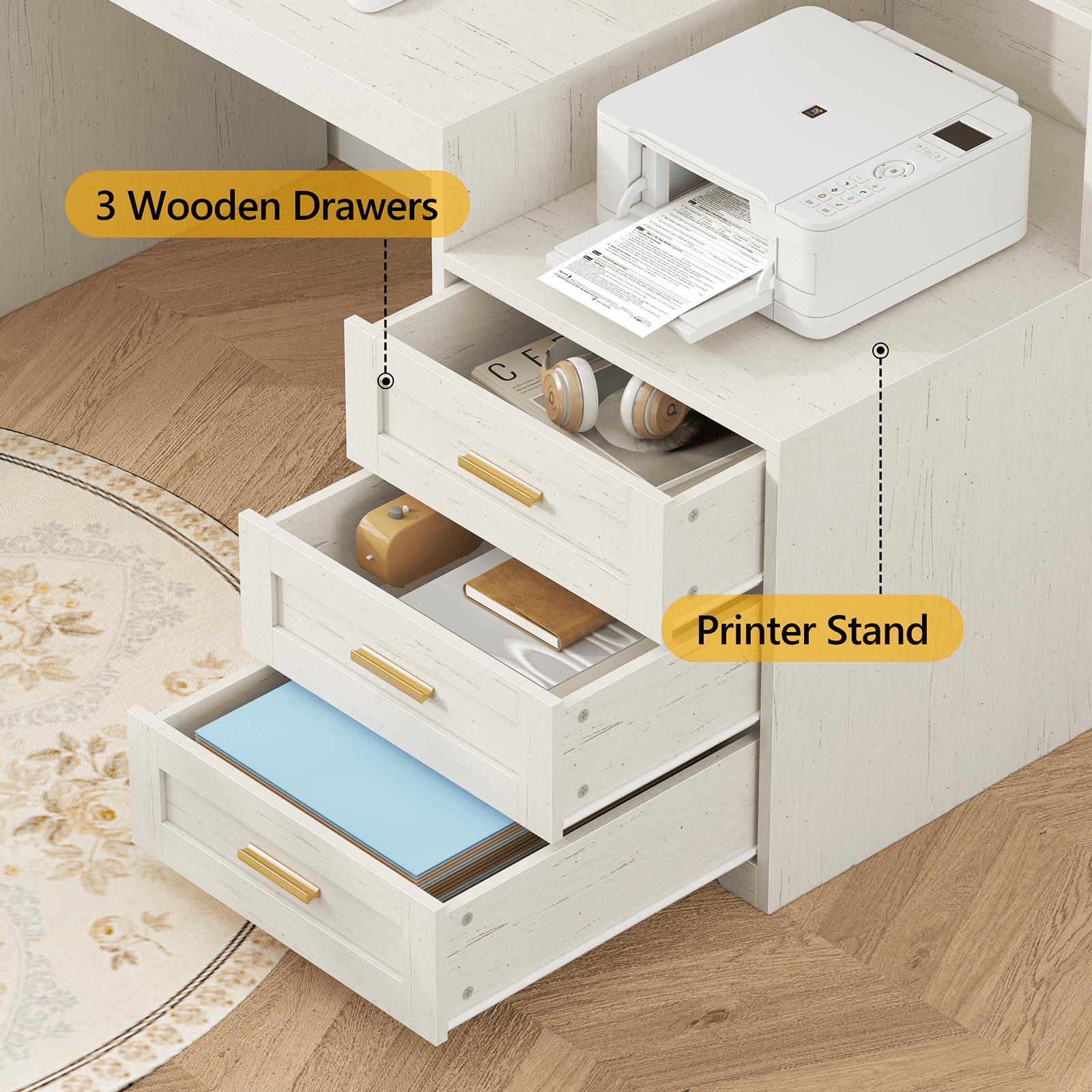 Farmhouse Computer Desk with Drawers, 65'' Home Office Desk with Power Outlets, Storage Cabinet and Printer Stand, Study Writing Desks with Long Monitor Stand, White