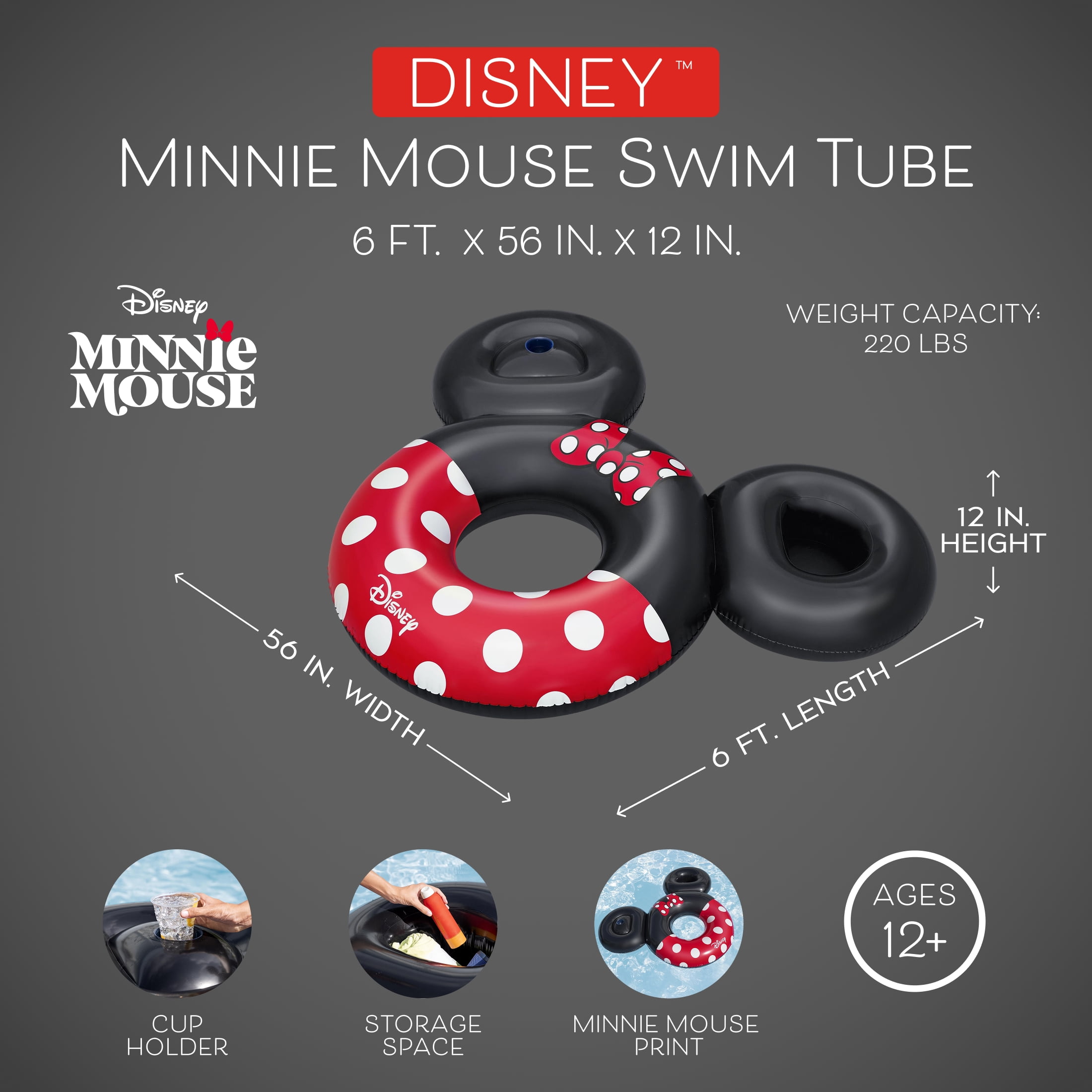 Disney Minnie Mouse Inflatable Swim Tube with Cup Holder & Storage Space, Extra Large 44’’ Dia.,  6’W X 56’’ H,  220lbs Weight Capacity, Age 12+