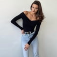 thumbnail image 4 of Women Off the Shoulder Long Sleeve Bodysuit One Lined Thong Bodysuit Black S, 4 of 9