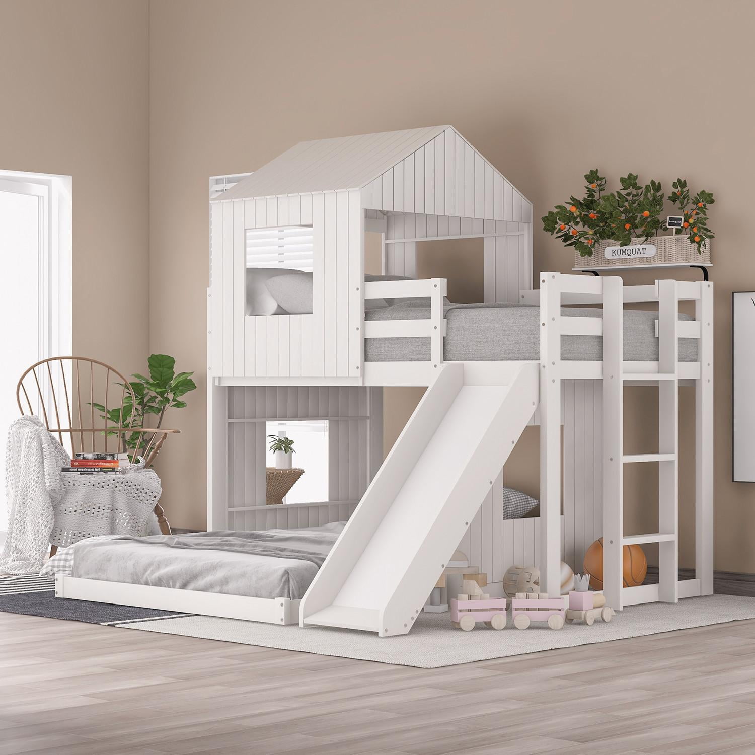 Twin Over Full House Bed Bunk Beds With Slide, Wood Bunk Beds With Roof And  Guard Rail For Kids, Teens, Girl Or Boys, No Box Spring Needed, White  80.8''L X 78.7''W X