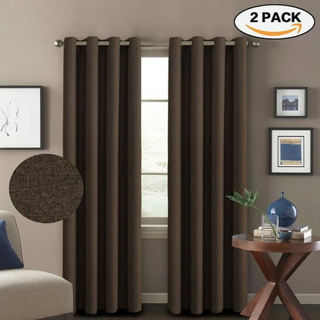 Faux Linen Brown Pair Curtains Thermal Insulated Room Darkening