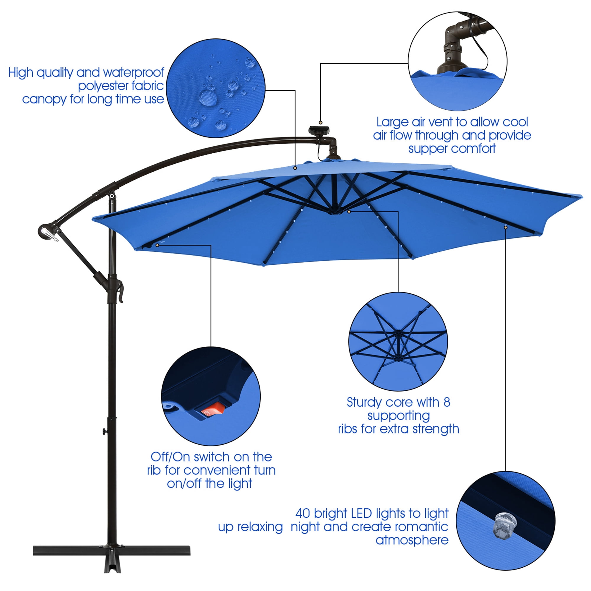 Gymax 10ft Solar Patio Umbrella Outdoor Offset Hanging Umbrella w/ 40 LED Lights Blue