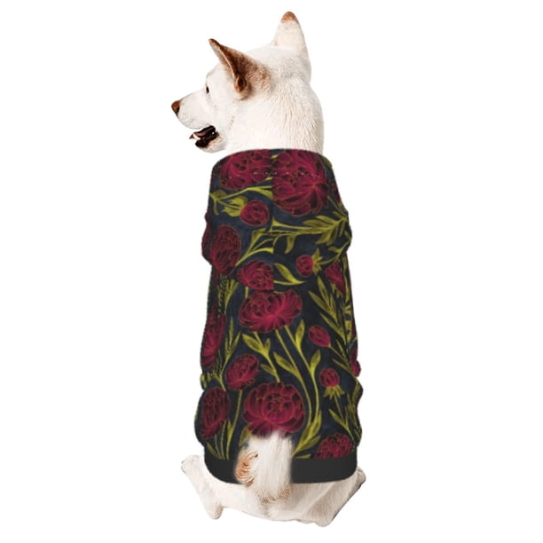 Fotbe Burgundy Peony Flowers Sudadera con Estampado para Perros Pequeños – Suéter con Capucha para Mascotas, Tela Suave de Forro Polar con Bolsillo-X-Large
