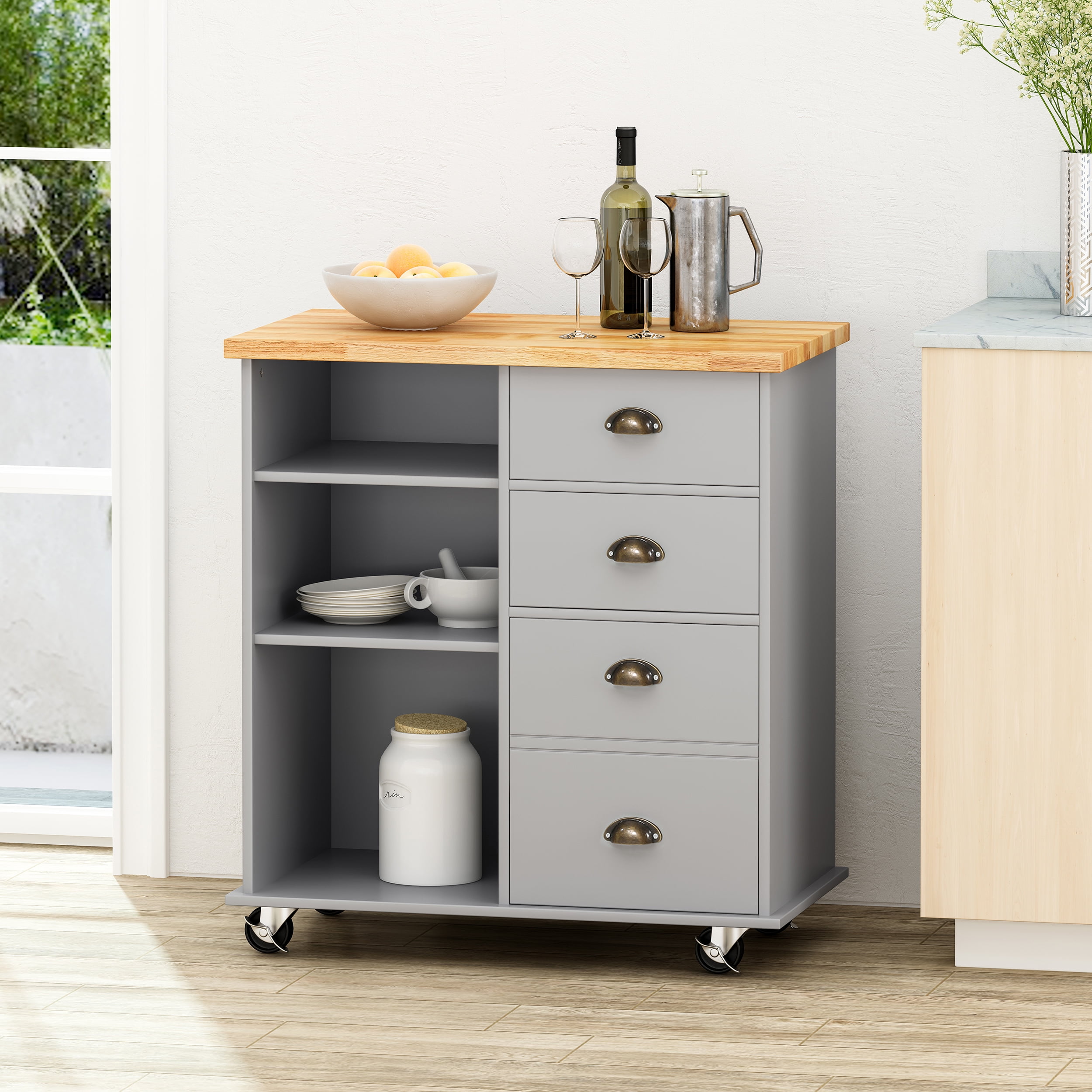 Noble House Ratzy Rubberwood Kitchen Cart with Locking Wheels, Gray