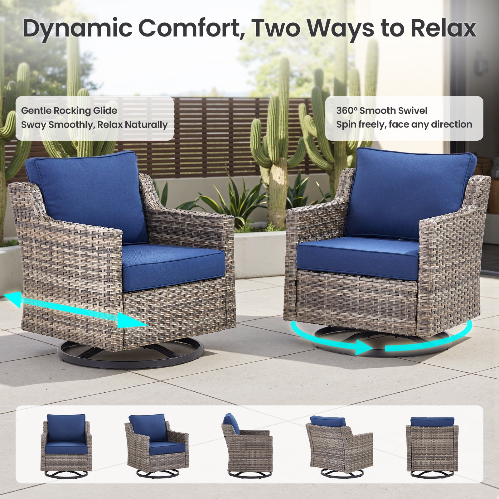 Gymojoy Outdoor Wicker Swivel Rocker Patio Rocking Chairs Set of 2 with Blue Cushions