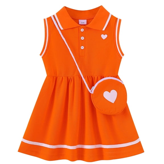 KIMI BEAR 4T Toddler Girls Dress 5T Toddler Girls Summer Clothes Sleeveless Polo Dress A-line Pleated One-piece Overalls with Bag 2pcs Orange