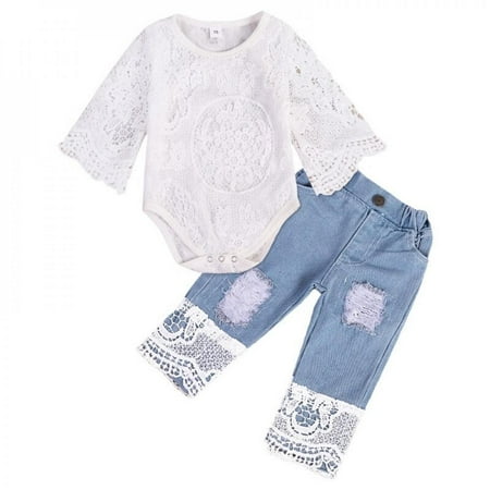 

Clearance!!Baby Girls Off Shoulder Polka Dot Top+Destroyed Ripped Jeans+Headband Clothes Outfit Set