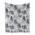 thumbnail image 1 of Grey Soft Flannel Fleece Throw Blanket, Different Kind of Nostalgic Gentle Horses on Calligraphic Vintage Styled Background, Cozy Plush for Indoor and Outdoor Use, 50" x 70", Grey White, by Ambesonne, 1 of 5
