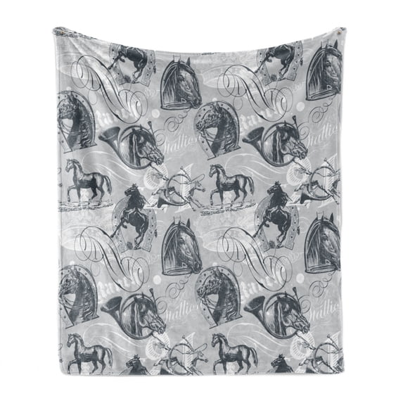 Grey Soft Flannel Fleece Throw Blanket, Different Kind of Nostalgic Gentle Horses on Calligraphic Vintage Styled Background, Cozy Plush for Indoor and Outdoor Use, 50" x 70", Grey White, by Ambesonne