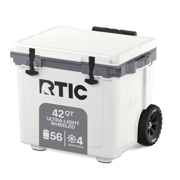 RTIC Ultra-Light 42 Qt Wheeled Hard-Sided Ice Chest Cooler, Fits 56 Cans, White & Grey