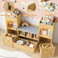 thumbnail image 3 of Vabches Kids Bookshelf with Reading Nook & LED Lights, Castle-Shaped Kids Toy Organization with 2 Movable Drawers & 5 Shelves and Bench, 3 of 7