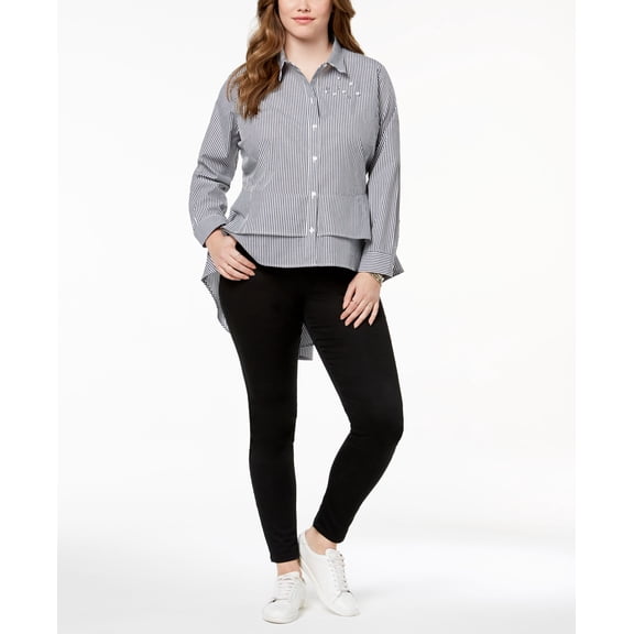 Almost Famous Trendy Plus Size Cotton Embellished High Low Peplum Shirt Blackwhite 2X