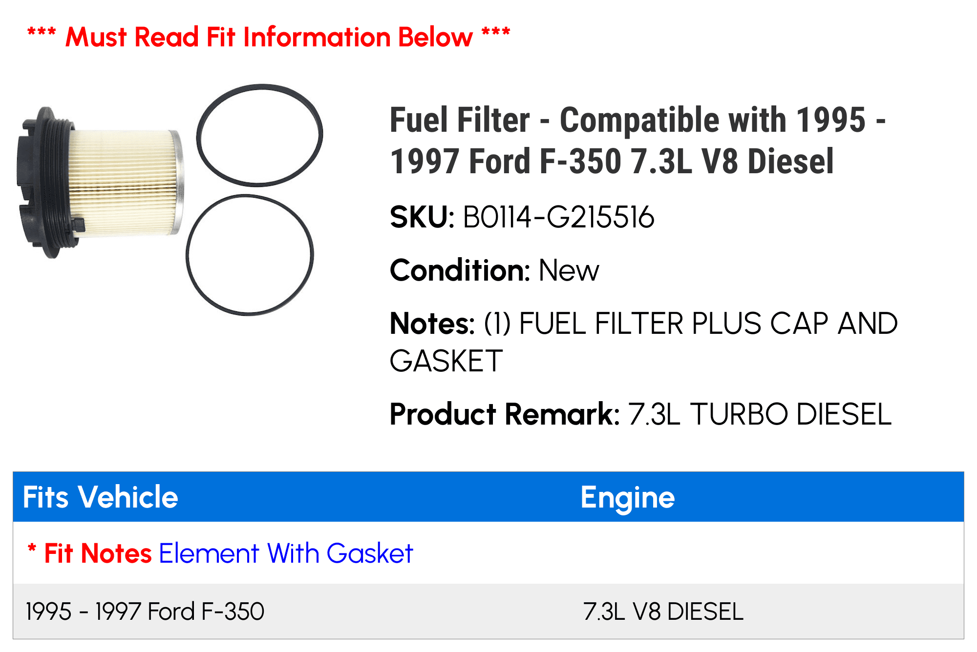 Fuel Filter - Compatible with 1995 - 1997 Ford F-350 7.3L V8 Diesel 1996