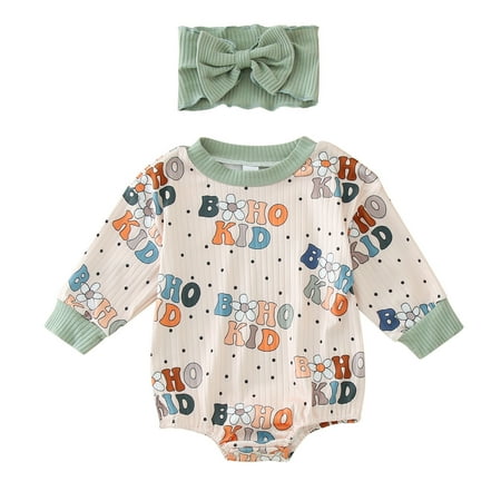 

EUMODR Boys Coveralls Side Snap Bodysuit Babys Girls Boys Spring Autumn Long Sleeve Flower Cartoon Ribbed Romper Bodysuit Headbands Clothes