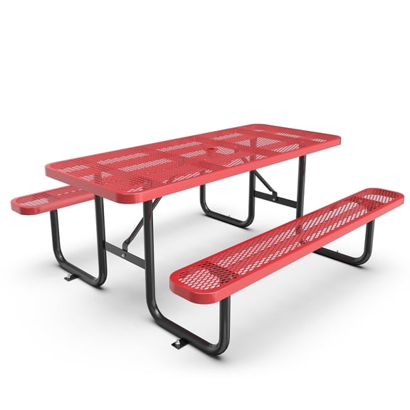 Chery Industrial 72 inch Metal Picnic Table with Red Finish and Umbrella Hole