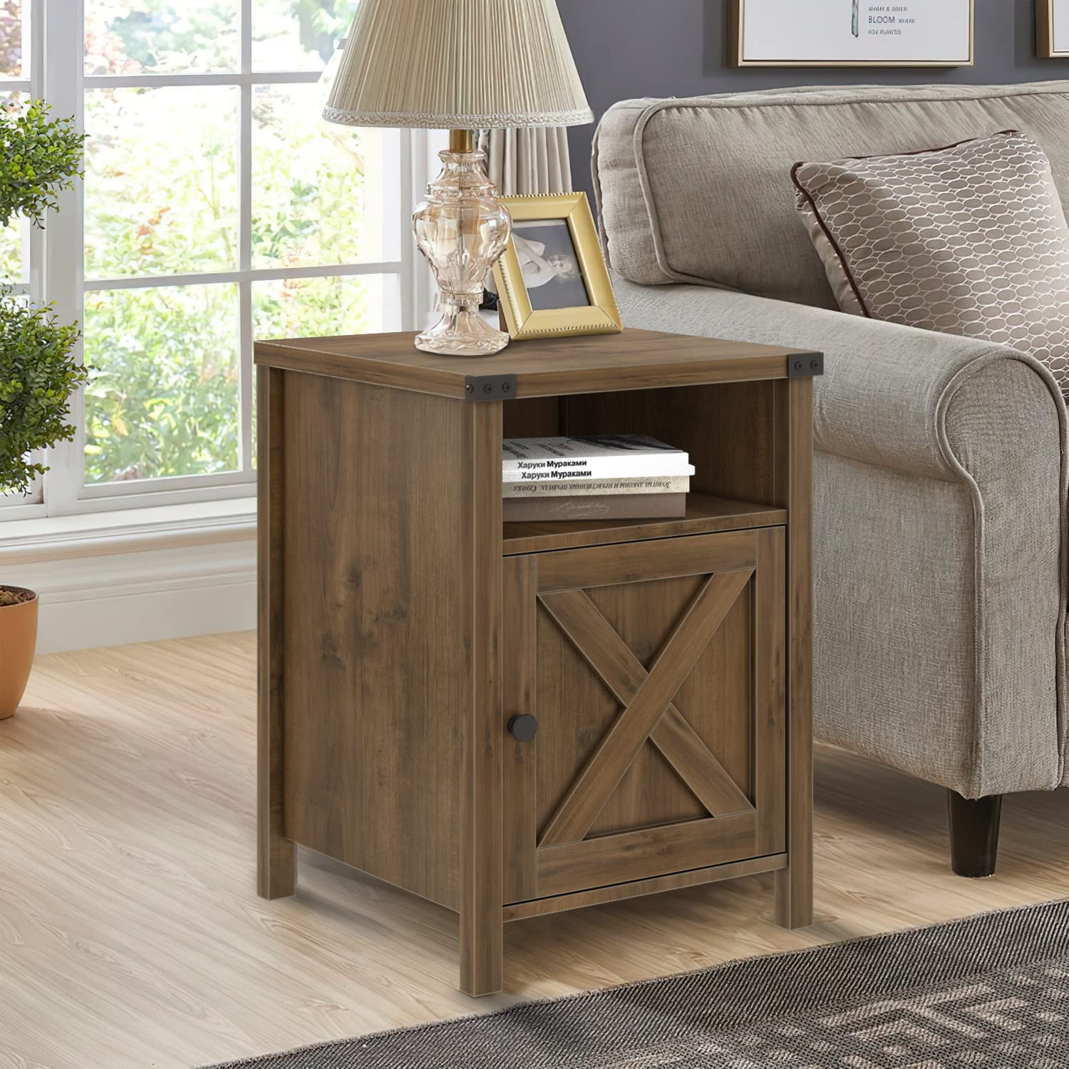 4 EVER WINNER Farmhouse Barn Door Side Table, Rustic Oak End Table with Barn Door Storage, Industrial Side Table for Living Room