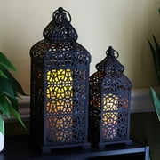 Temple Moroccan Style Lantern Decorative Candle Holder for Home Decor, Black, Set of 2