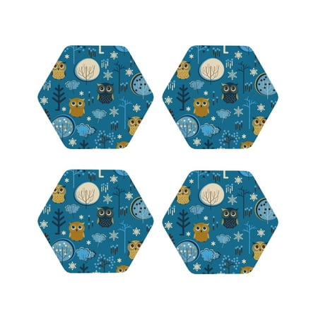 

Vsdgher Cute Colorful Owls And Trees Leather Coasters for Drinks Durable Drink Coasters 4 Set for Tabletop Protection Luxurious Home Décor and Housewarming Gift ( {designName})Hexagon