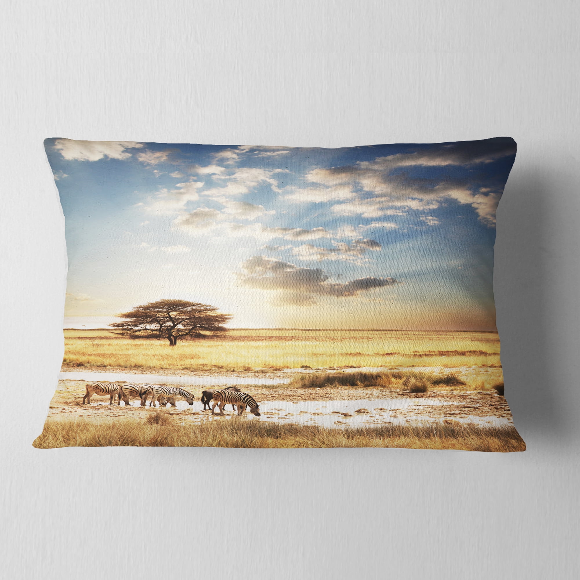 Designart African Zebras Drinking Water - African Throw Pillow - 12x20