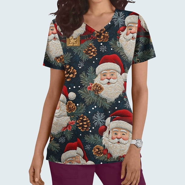 Puntoco Camiseta de enfermera con bolsillo y manga corta con estampado navideño y cuello en V para mujer