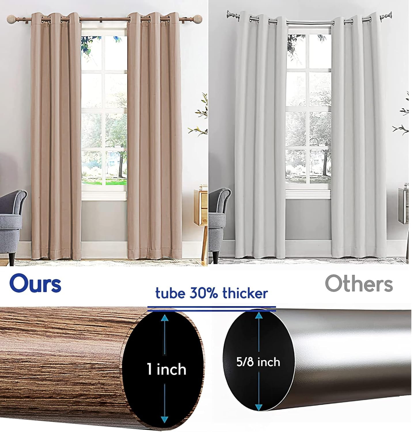 Unconsil 1" Imitation Wood Grain Leaf Pattern Finials Adjustable Single Curtain Rods, 48"-86"