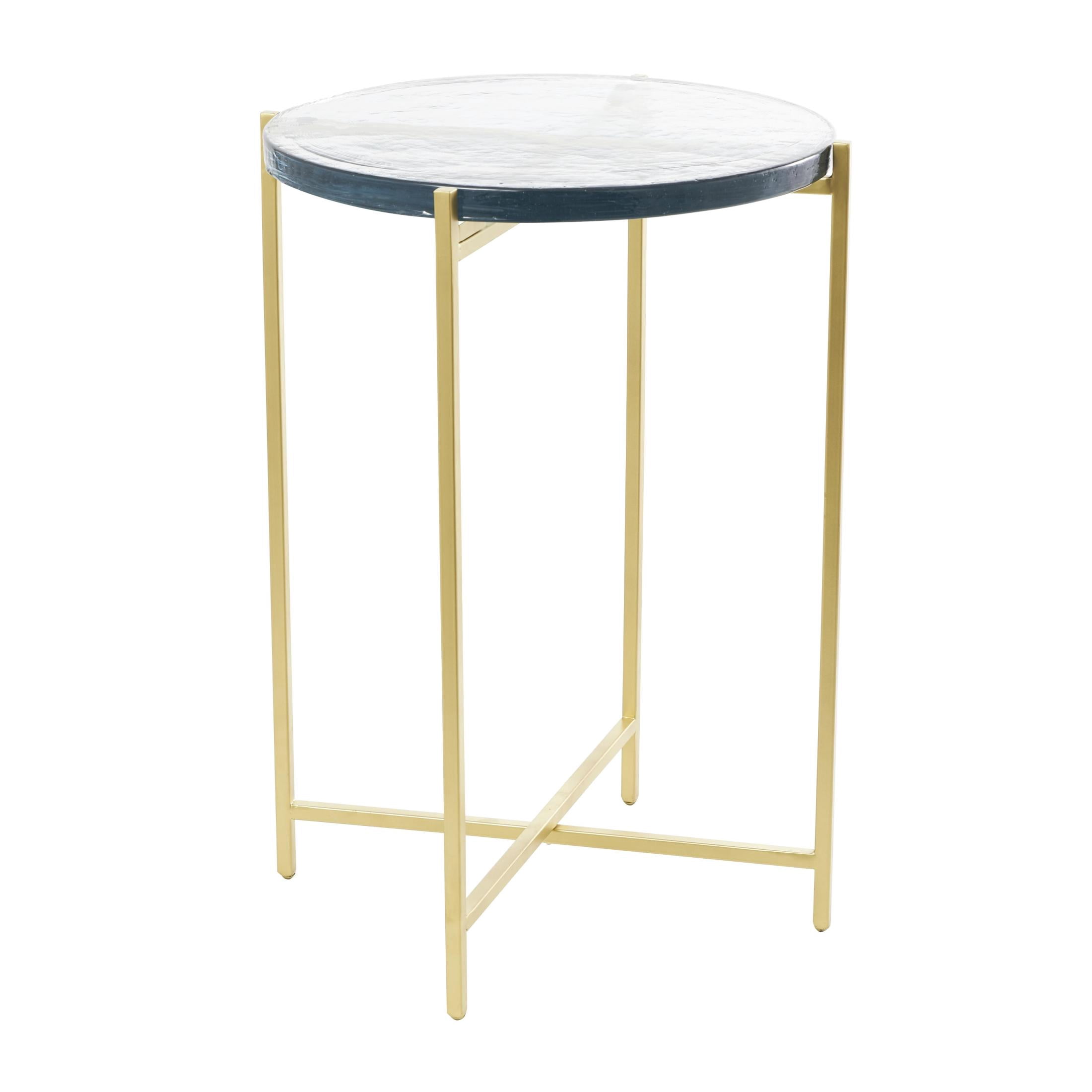 DecMode 16" x 24" Gold Metal X-Shaped Accent Table with Textured Glass Tabletop, 1-Piece