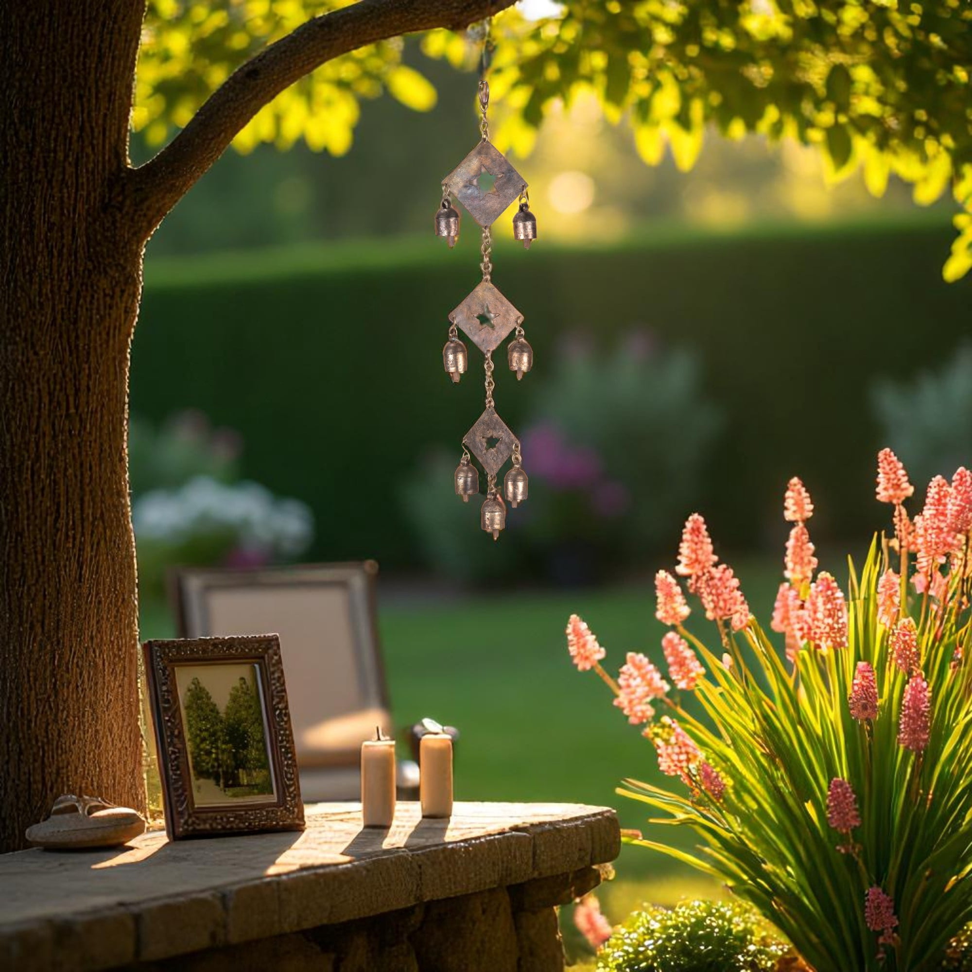 Vivanta Rustic Metal Wind Chime – Triple Diamond Star Cutouts with Bells – Bronze Outdoor Garden Decor – Wind Chimes for Outside, Porch, Yard, Balcony, Memorial or Garden Gift 19 x 4.5 Inch