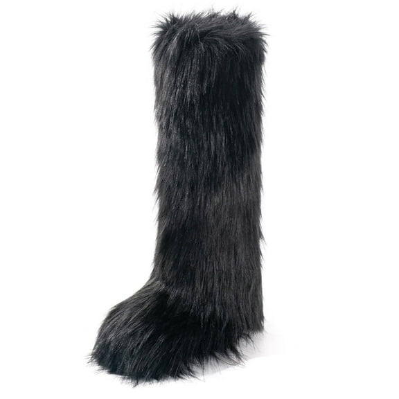 Women's Faux Fur Boot Furry Fluffy Round Toe Suede Winter Comfy Plush Warm Short Outdoor Indoor Flat Shoes Knee-High Boots