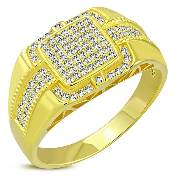 925 Sterling Silver Men's Yellow Gold-tone Micro Pave White CZ Stone Signet Style Ring with Band Detail