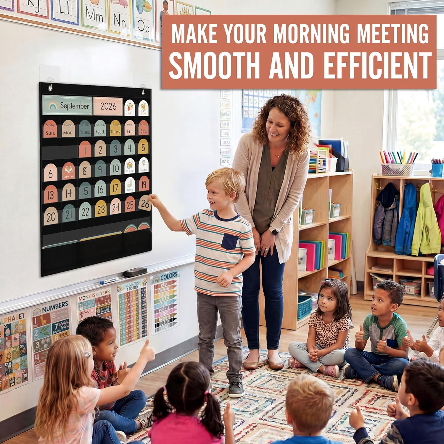 Classroom Monthly Calendar Pocket Chart for Kids Learning, 105 Cards Black Wall Calendar and Weather, Teacher Supplies for Kindergarten Preschool Elementary Homeschool Must Have
