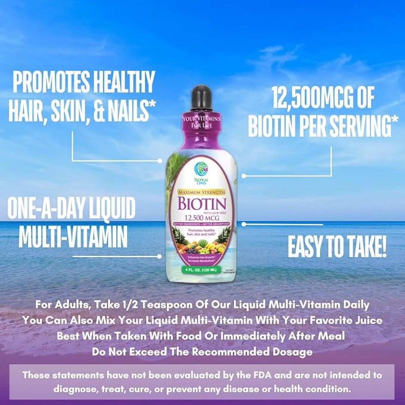 Tropical Oasis - Maximum Strength Biotin with Aloe Vera | Liquid Vitamin Supplement - Promotes Healthy Hair, Skin, & Nails - Increases Metabolism | Tropical Fruit, 4 fl oz, 30 Servings