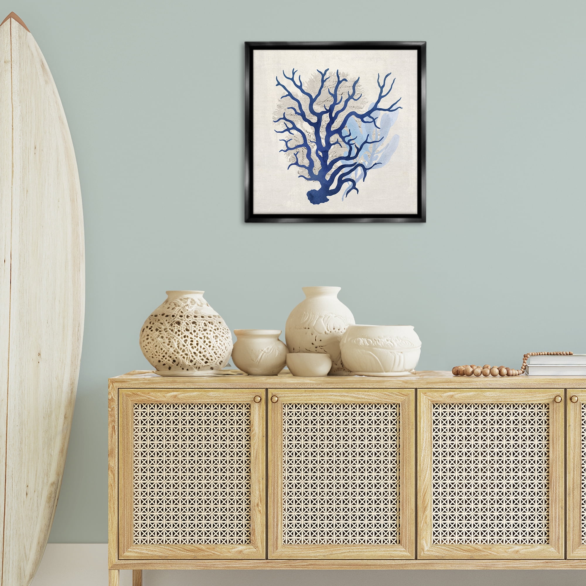 Stupell Industries Blue Coral Branches Nautical & Beach Painting Black Floater Framed Canvas Art Print Wall Art, 25 x 25