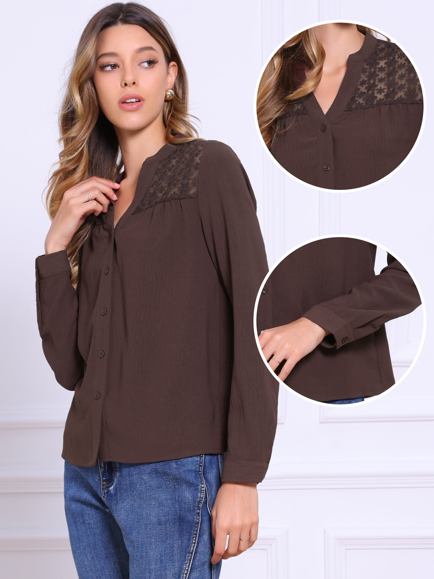 DARING DIVA Women's Button Down Long Sleeve  Casual Trendy Blouse XS Coffee