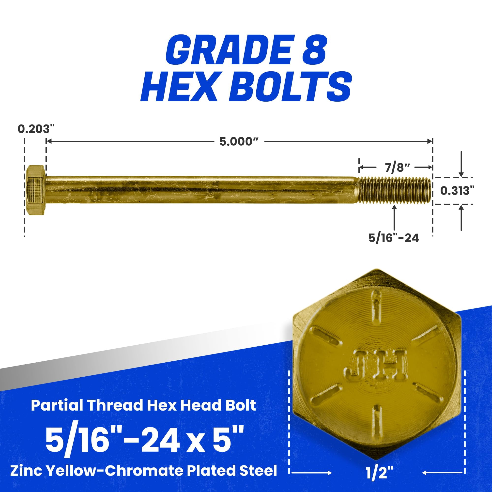 Fastenere 5/16"-24 x 5" Hex Bolts Grade 8 Zinc Yellow-Chromate Plated Steel, Partial Threaded Durable Hex Bolts for Machinery & Construction, Rust-Resistant, Heavy-Duty Fasteners, Pack of 10