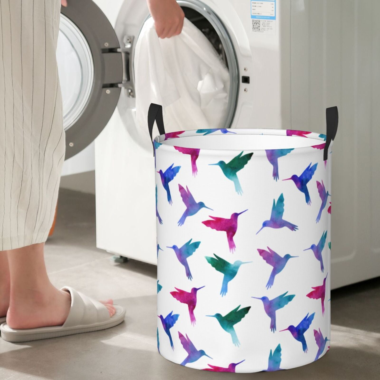 Large Laundry Basket with Handles - Colorful Hummingbird Print Kids Baby Dirty Clothes Laundry Hamper for Bedroom Aesthetic
