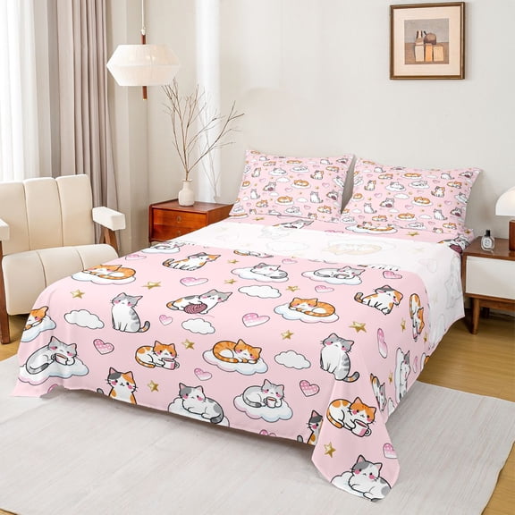 Feelyou Kawaii Cat Animal Twin Sheet Sets, Cute Cartoon Style Bedding, 3-Piece