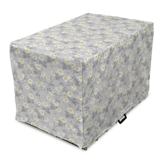Floral Dog Crate Cover, Daisies View with Leaves in Greyscale Chamomiles Design, Easy to Use Pet Kennel Cover Small Dogs Puppies Kittens, 7 Sizes, Pale Grey Yellow, by Ambesonne