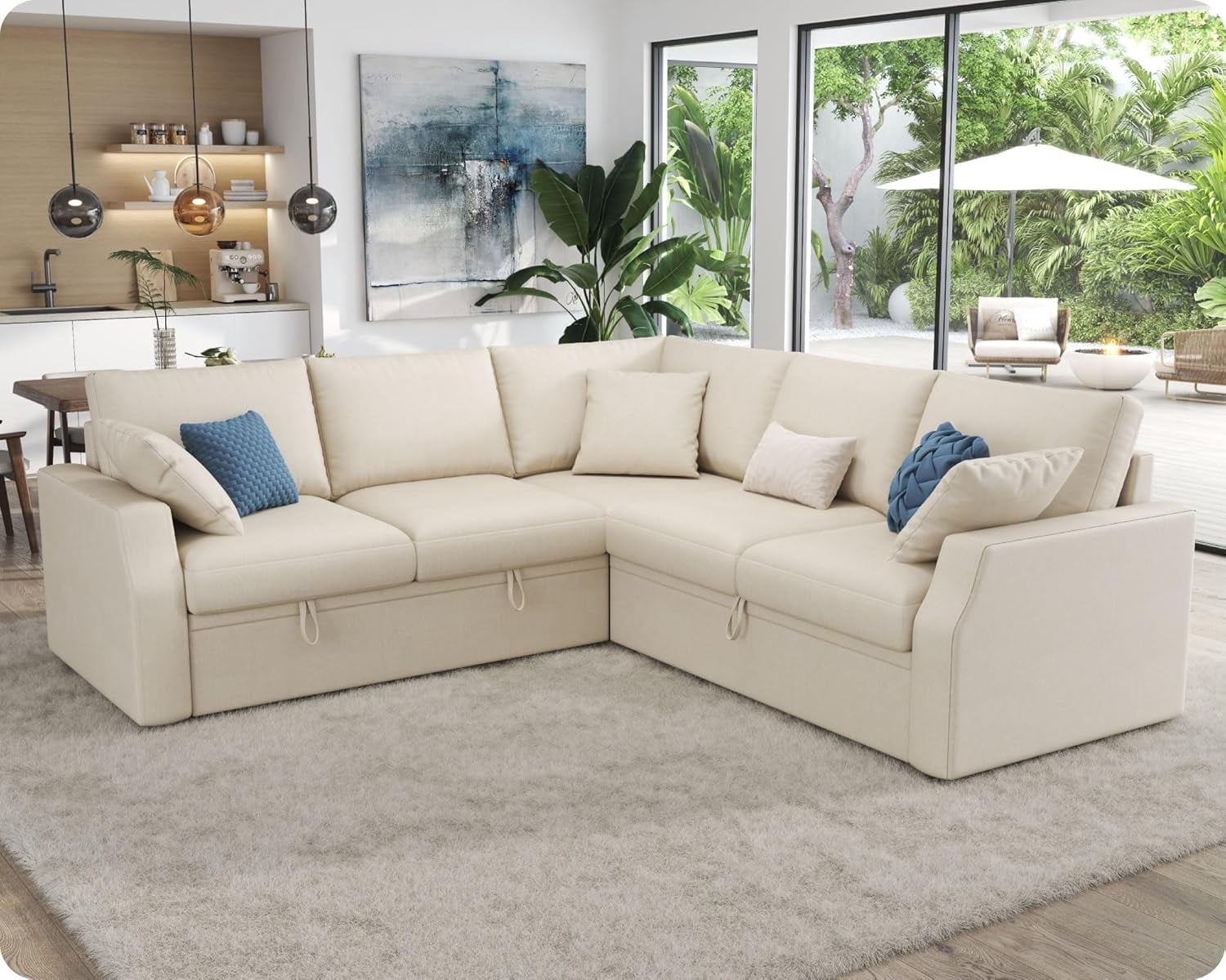 VANACC Sofa Bed, 85 Inch Sleeper Sofa with Pull Out Sofa Bed, L Shaped Couch with Storage Seat, Sectional Couches for Living Room Apartment, Beige Linen Sofa Couch