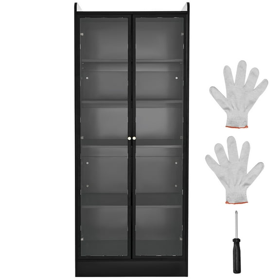 KFFKFF Tall Display Cabinet with Doors, 67-Inch Lighted Storage Unit with Adjustable Shelves, 5-Tier Curio and Collectibles Organizer for Bedroom, Living Room, Office, or Pantry