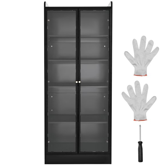 KFFKFF Display Cabinet with Doors, 67 in Tall Lighted Display Case with 2 Adjustable Shelves, 5-Tier Curio Collectibles Storage Cabinet, Bookshelf Bookcase