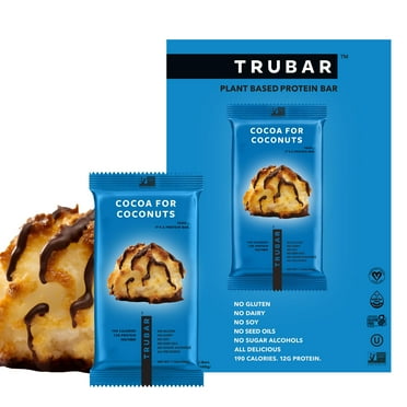 TRUBAR Vegan Protein Bar, Cocoa For Coconuts, GBM1Gluten Free, Plant Based Protein, Dairy Free, Non GMO, Soy Free, No Sugar Alcohols, 12G Protein, 12G Fiber, 23G Carb, On the Go Snack Bars, 12ct