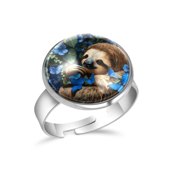 PhooArto Sloth Blue Butterflies Stainless Steel Rings for Women, Open Adjustable Ring Promise Ring Jewelry Gifts