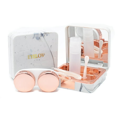 EYELOV Contact Lens Travel Case, Cute Marble Mini Contact Lens Travel Kit Holder Container Includes Contact Lens Remover Tool with Bottle and Tweezers (Rose Gold)