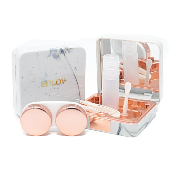 EYELOV Contact Lens Travel Case, Cute Marble Mini Contact Lens Travel Kit Holder Container Includes Contact Lens Remover Tool with Bottle and Tweezers (Rose Gold)