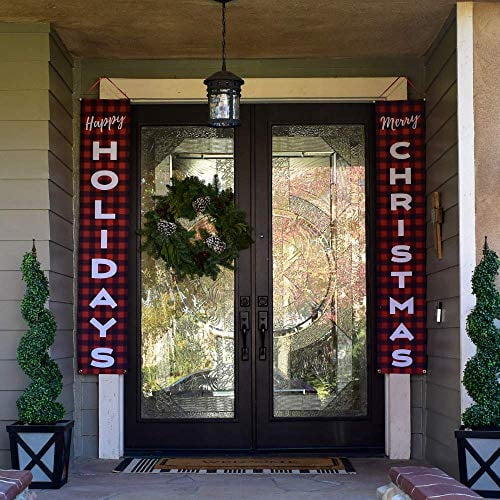 HarperLynn Panneaux de Porche à Carreaux Rouges - Bannières de Décoration de Noël pour Extérieur / Intérieur Ou Salle de Classe. 2 Pack Inclus - Joyeuses Fêtes & Joyeux Xm