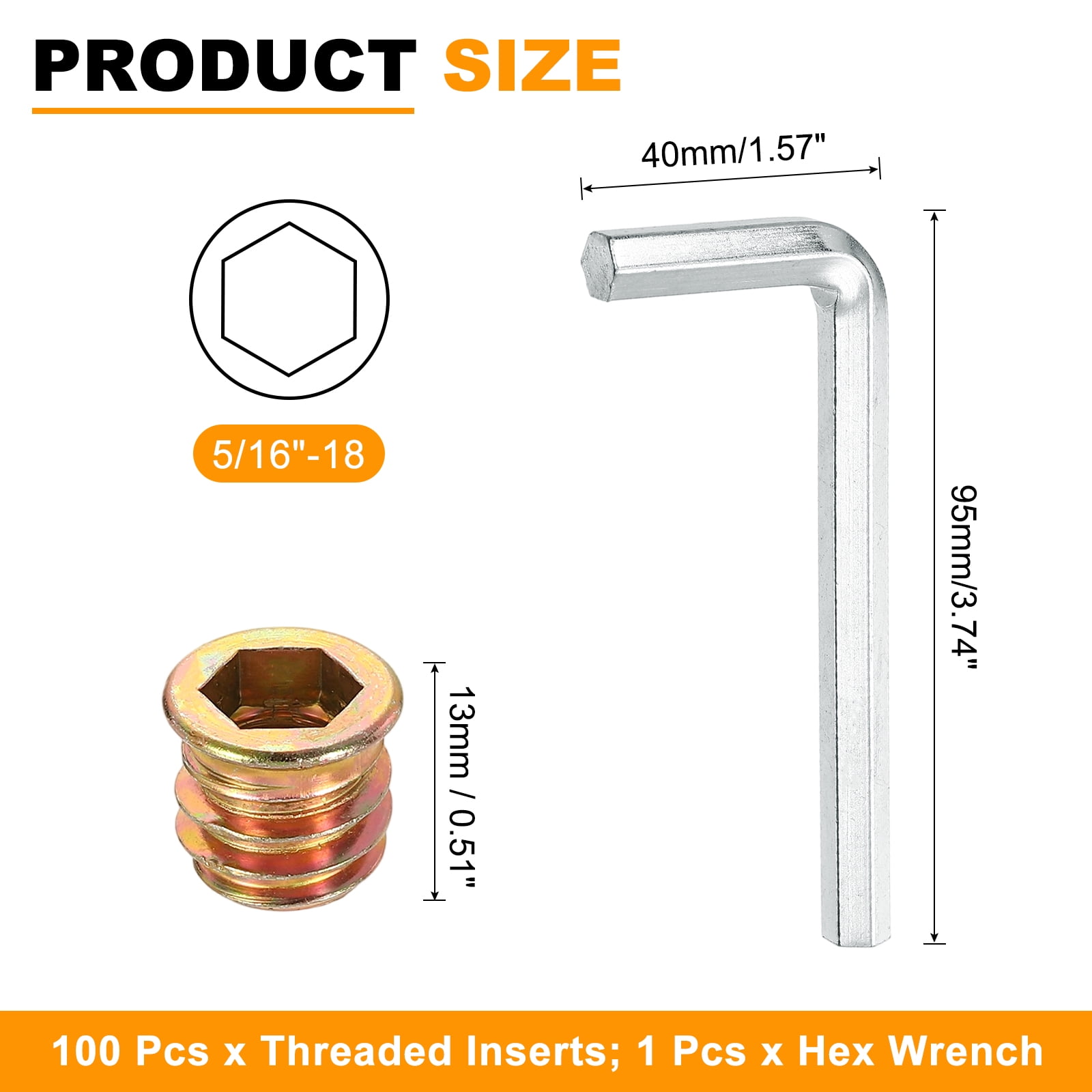 100 Pcs Threaded Insert for Wood, 5/16 - 18 Threaded Studs 13mm Length, Gold