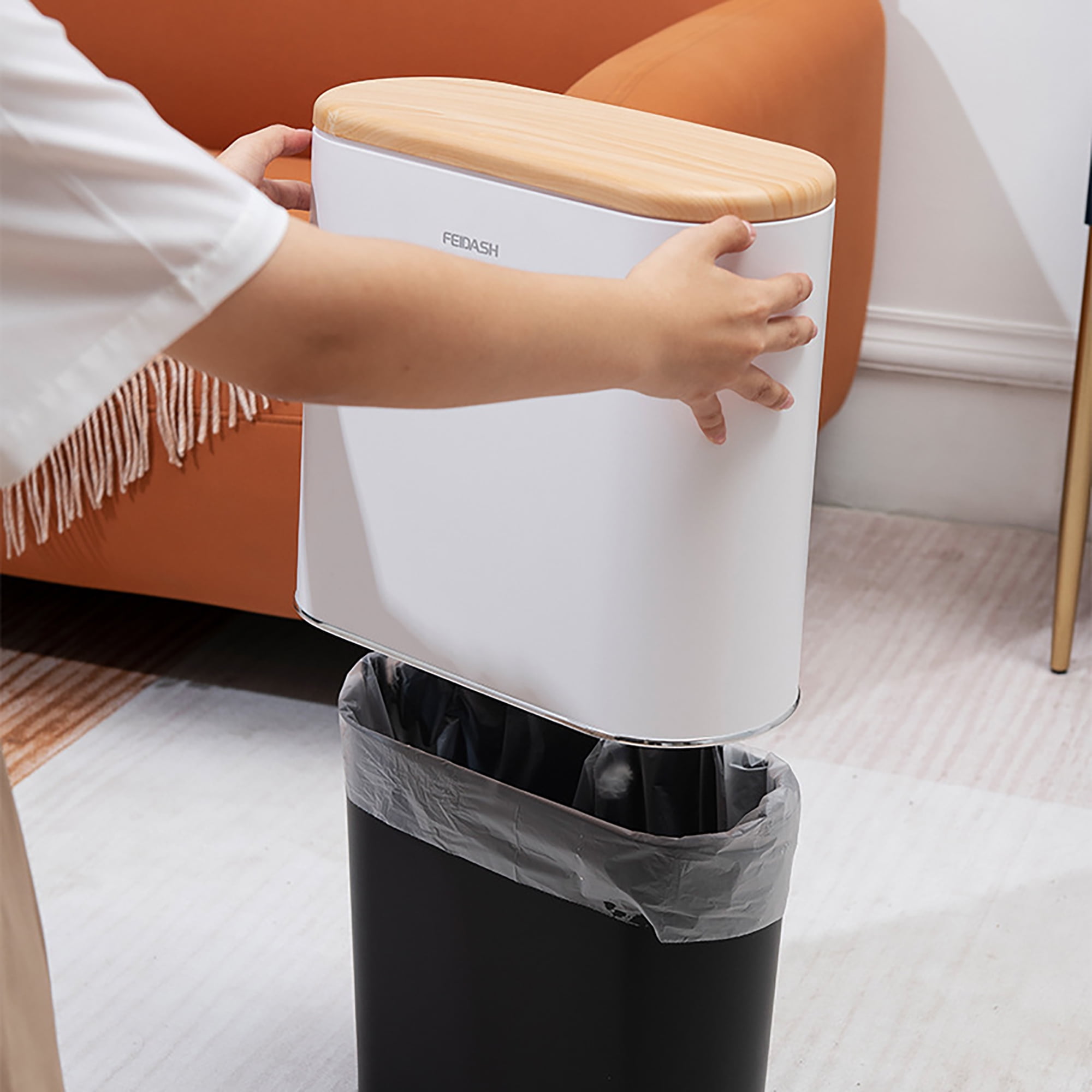 Small Trash Can with Lid, 2.4 gal Plastic Garbage Can, Rectangle Waste Basket with Inner Bucket for Bathroom Kitchen