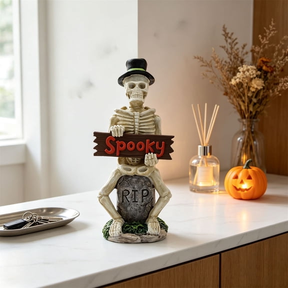 Halloween Resin Skeleton Table Decor, Spooky Tombstone Figurine with Hat, Vintage Farmhouse Ornament for Tiered Tray Mantel Desk Office Home Decor